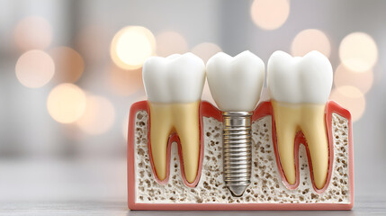 Dental implant model showing bone, tooth, and crown structure