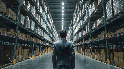 Businessman overlooking logistics warehouse with inventory and supply chain