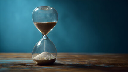 Sand hourglass standing on rustic wooden table measuring time passing