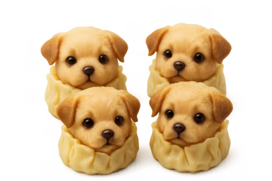 Four adorable golden retriever puppies emerging from dumpling wrappers, combining animal cuteness with creative food art on a transparent background - Powered by Adobe