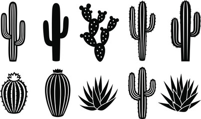 Stylized cactus and succulent plant vector set, black and white botanical illustration, desert flora silhouette, minimal nature graphic collection