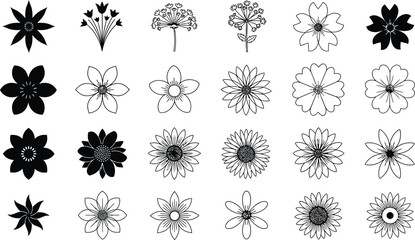 Collection of twenty four intricate black and white floral and snowflake graphic design elements