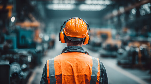 Industrial worker wearing hard hat and hearing protection
