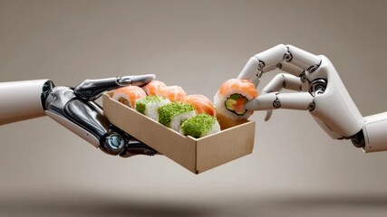 Robotic arm gracefully serves sushi box, highlighting precision and technology in modern cuisine delivery