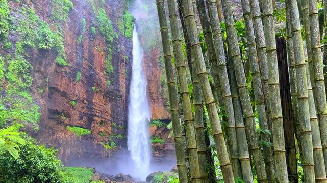 Koban Kapas Biru is a waterfall in the tropical jungles of East Java, descending from a high cliff into a lush green canyon surrounded by tropical forests with vibrant vegetation.Lumajang River. 4К	