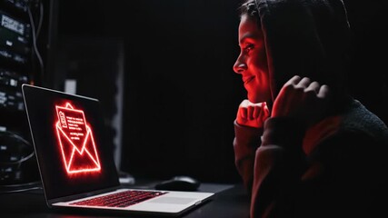 Focused hooded woman typing on a laptop with a glowing red envelope on the screen, symbolizing digital communication, concept for data encryption, online privacy, and secure messaging