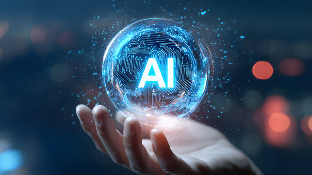 Hand holding ai hologram sphere over city lights