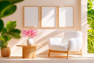 Inviting living space with plush chair wood table and blank frames