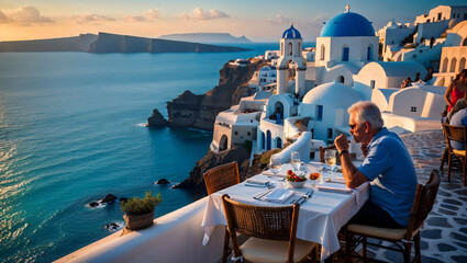 Santorini Greece Seafront Restaurant Table Turquoise Water Oia Ia Village Cyclades Sunset White Buildings Blue Domes Cobblestone Streets People Meals Generative AI