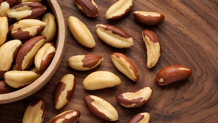 Close-up of Brazil Nuts with Brown and Cream Hues Scattered on a Dark Wooden Table