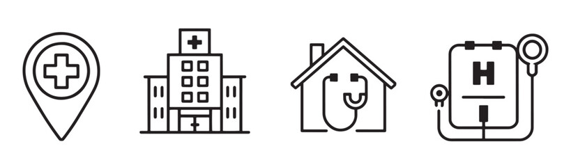 Hospital and Medical Care Line Icons Set - Healthcare Location, Building, Stethoscope, and Emergency Symbol