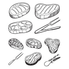 Hand-Drawn Steak and Cutlery Set Vector Outline