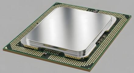 A close up shot of a computer processor unit with a silver top and golden pins on a green board