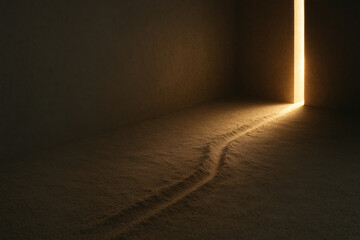 A trail in the sand leading to the light in a narrow crack in the wall. Space for text.