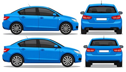 Flat vector illustration showing two side and two rear views of a blue four-door sedan