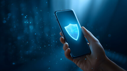 Hand holding smartphone displaying cybersecurity shield icon