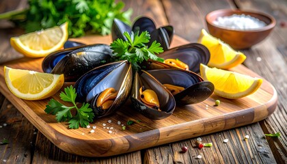 Fresh mussels arranged on wooden cutting board with lemon wedges and parsley garnish, gourmet seafood presentation with shellfish, herbs, salt, pepper and natural items for delicious meal preparation