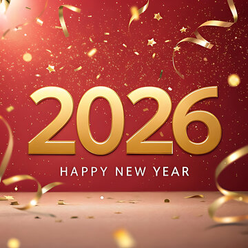 Golden 2026 happy new year text with falling confetti and bokeh lights
