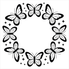 Obraz premium Elegant monochrome butterfly circle frame with sparkling stars isolated on white background, Vector