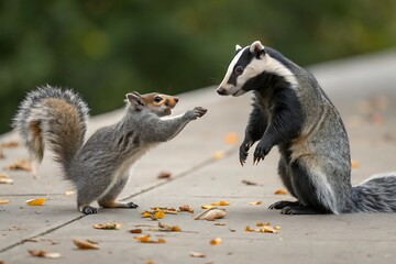 Fototapeta premium a squirrel and badger share food in autumn park