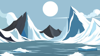 Arctic Ice Landscape Illustration – Snowy Mountains and Frozen Sea Vector.