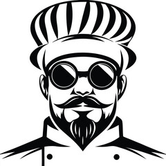 Monochrome chef with round glasses and striped hat projects a confident culinary aura