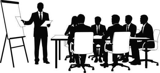Business meeting presentation illustration, teamwork and collaboration concept, corporate training and leadership seminar, manager explaining strategy to office employees vector design