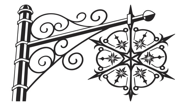 Ornate Wrought Iron Snowflake Signage Vector Illustration, An ornate wrought iron signpost holding a decorative snowflake-shaped sign, with intricate scrollwork