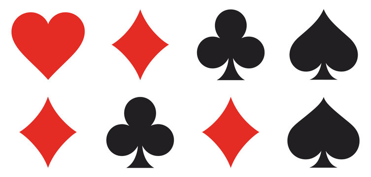 Classic Playing Card Suit Symbols &ndash; Hearts, Spades, Diamonds, Clubs Vector Illustration, and Poker Game Graphics, Black and Red Card Suits, Gambling and Card Game Icons