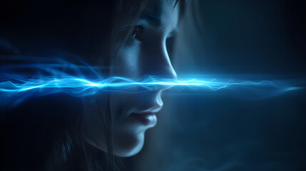 Woman experiencing virtual reality and future technology vision