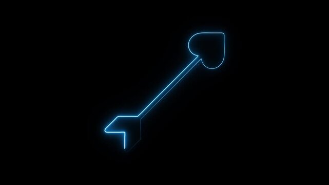 Glowing blue neon arrow with heart tip on black background abstract symbol motion graphic digital art