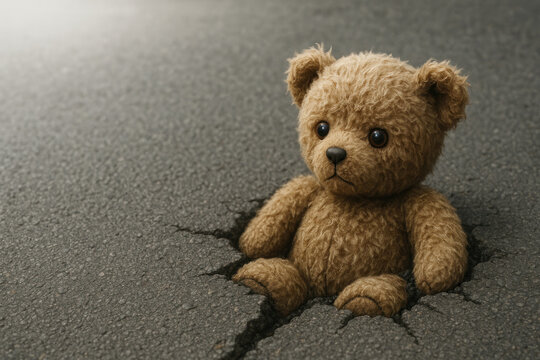 A teddy bear stuck in a hole in the road. Space for text.