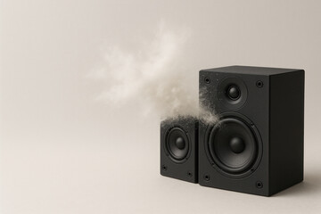 Black studio music speakers with a sound wave effect on a neutral background. Space for text.