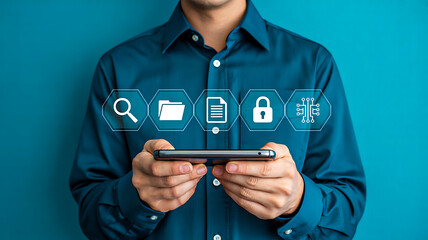 Digital technology concept with smartphone and hexagonal icons for search, file, document, security and microchip on teal background