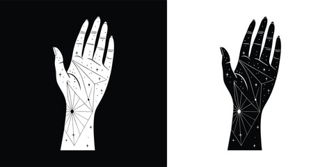 Fototapeta premium Palmistry hand with lines and dots, shown in negative and positive on black and white backgrounds