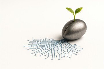 A metal seed with a green sprout and digital roots. Space for text.