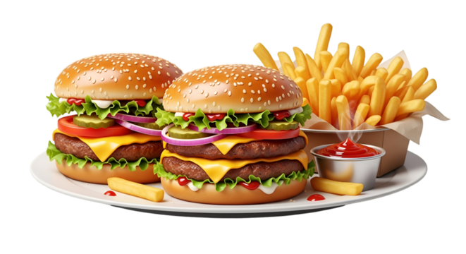 Deluxe Triple Cheeseburger with Fries and Dip - Juicy Hamburgers, Fast Food Meal