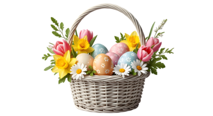 Easter basket filled with decorated eggs and spring flowers on white