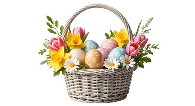 Easter basket filled with decorated eggs and spring flowers on white