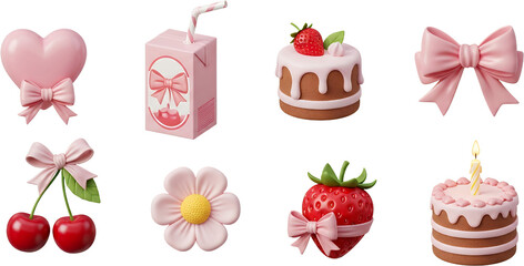 A pink heart with a bow strawberry milk carton small strawberry cake pink bow cherry pair pink flower strawberry with bow and birthday cake with candle sweet dessert treat
