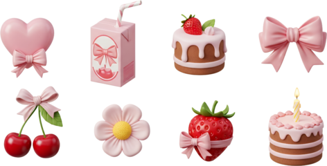 A pink heart with a bow strawberry milk carton small strawberry cake pink bow cherry pair pink flower strawberry with bow and birthday cake with candle sweet dessert treat