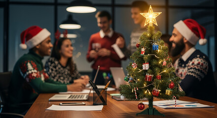 Office Christmas party with coworkers gathered around decorated tree