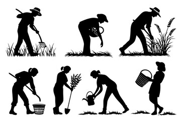 Farmer harvesting crop silhouette isolated on white background