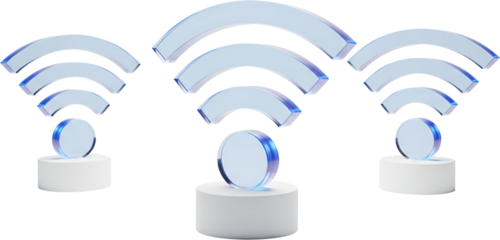 Three Transparent Glass Wifi Symbols Emanating From Circular Bases On White Pedestals Against A Transparent Background Wireless Network Connection Signal Technology Internet Communication