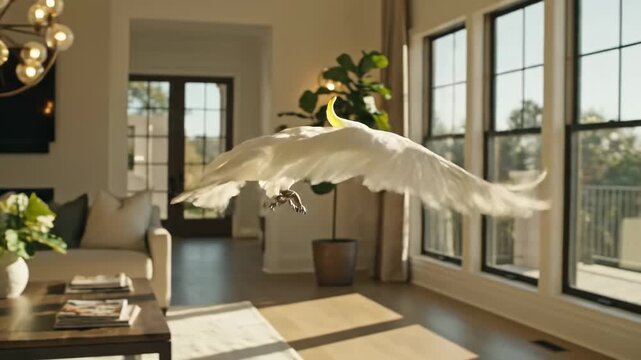 Majestic Cockatoo Soars Through Luxurious Living Room.