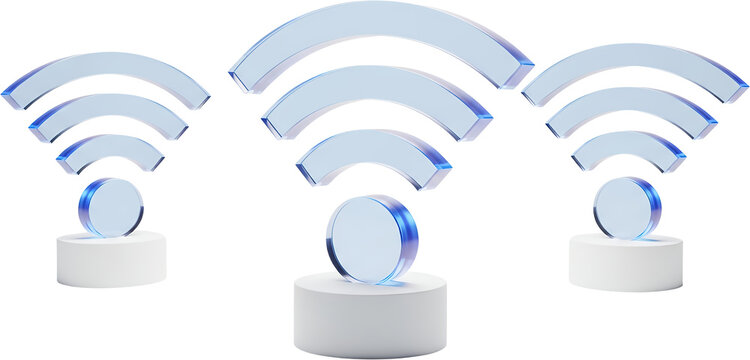 Three Transparent Glass Wifi Symbols Emanating From Circular Bases On White Pedestals Against A Transparent Background Wireless Network Connection Signal Technology Internet Communication