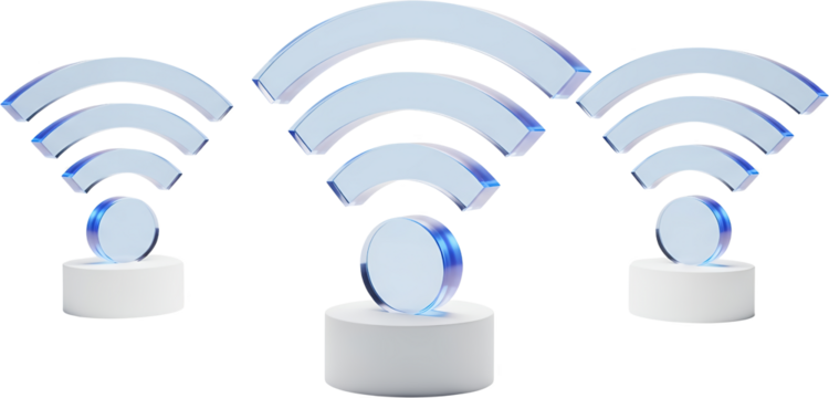 Three Transparent Glass Wifi Symbols Emanating From Circular Bases On White Pedestals Against A Transparent Background Wireless Network Connection Signal Technology Internet Communication - Powered by Adobe