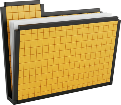 A 3D rendered graphic of a yellow and black digital folder icon with blank white paper sheets visible inside Document File Storage Data Organization Computer Interface Web