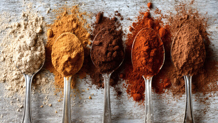 Vibrant powdered spices in spoons, a macro top-down close-up on rustic wood, showcasing diverse culinary ingredients and rich aromatic flavors