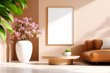 Timeless living space with leather seating and empty wall frame